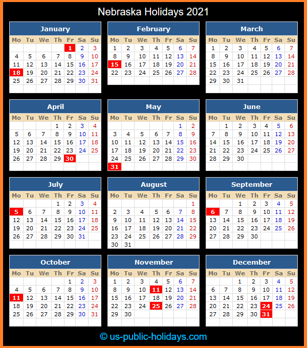 Nebraska Holiday Calendar 2021